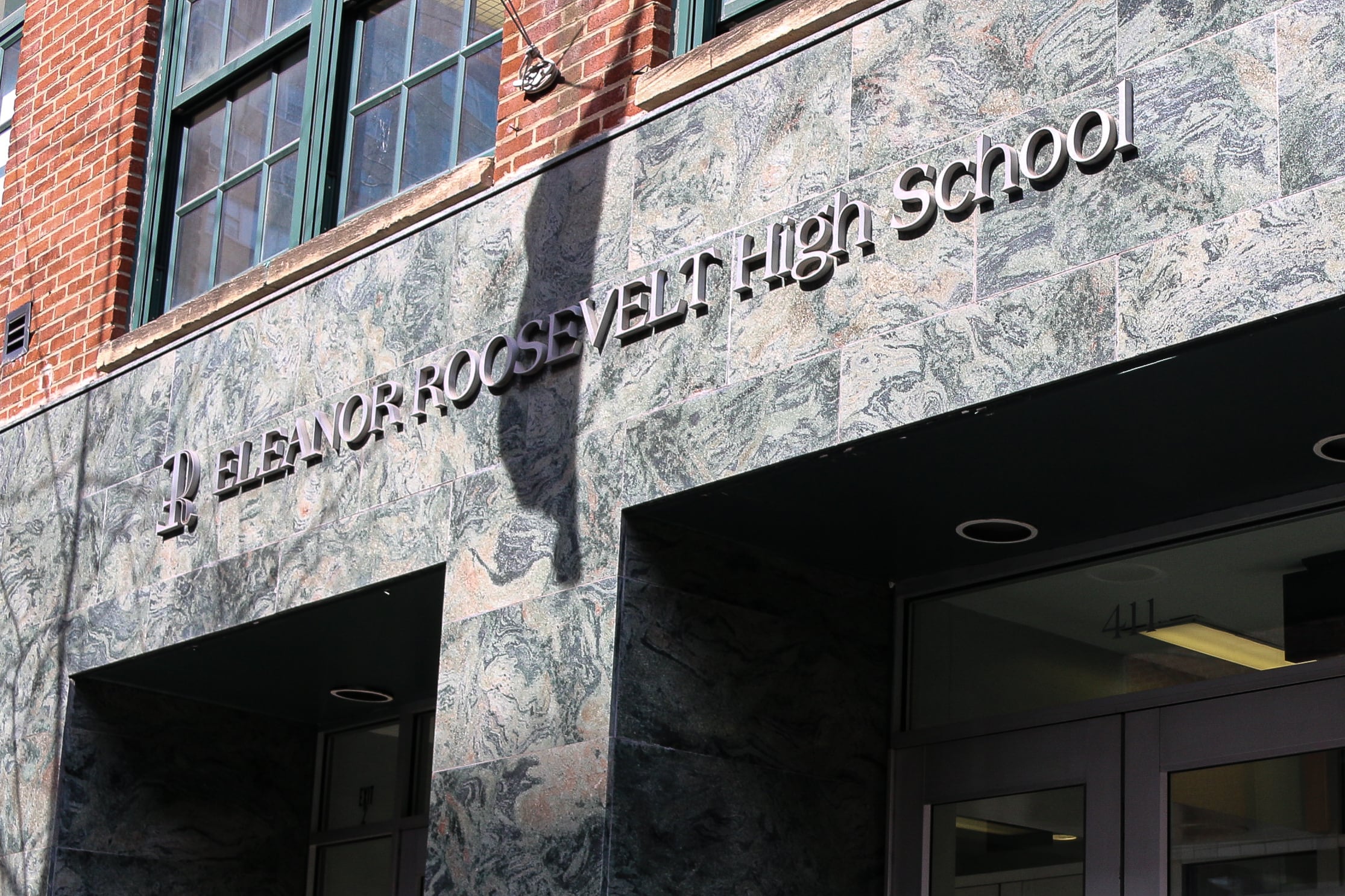 The facade of Eleanor Roosevelt High School in Manhattan.