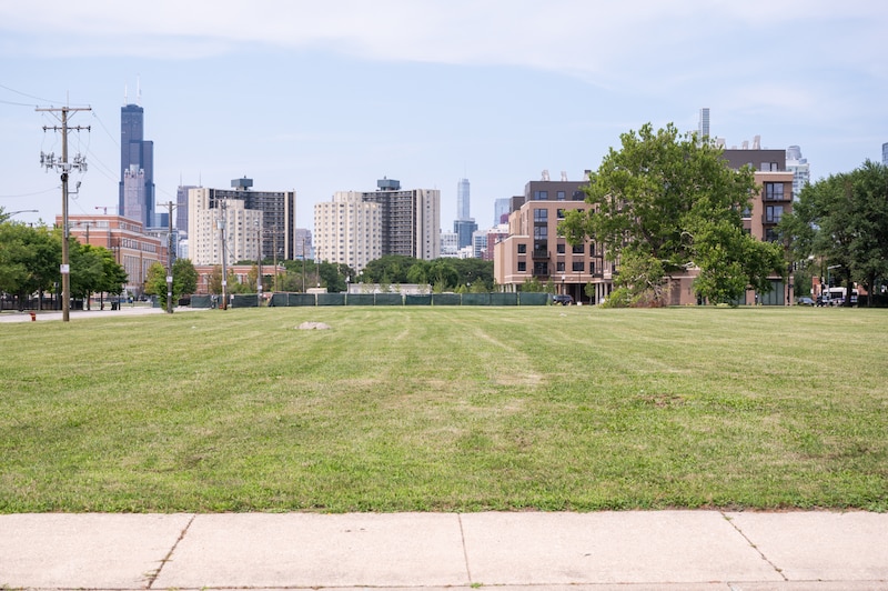 The Chicago skyline is seen with a large green grass open lot in the foreground. A large blue sky in the background.